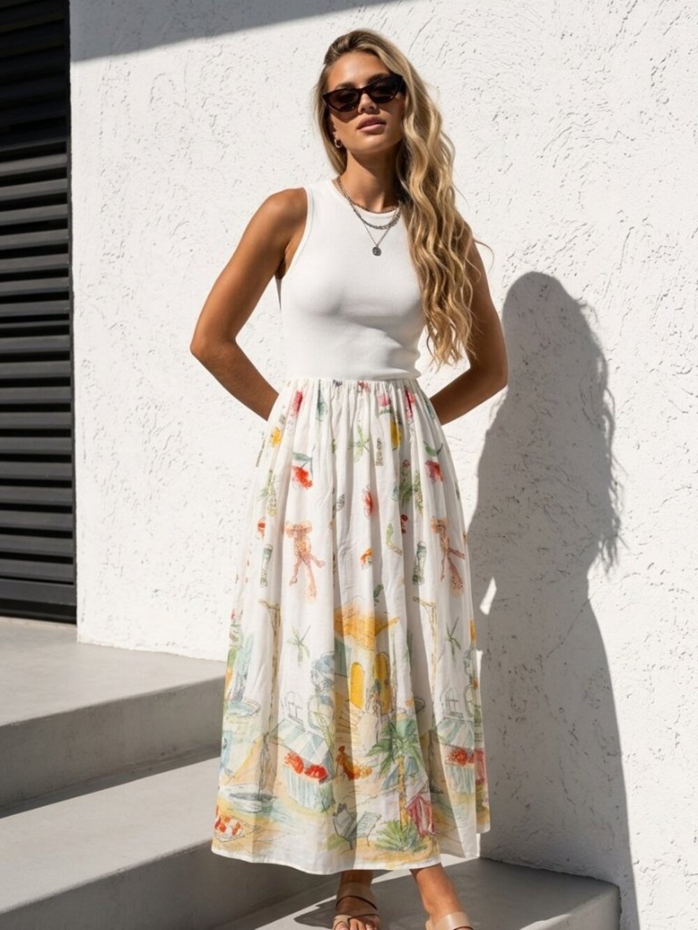 Moon River Coastal Print Midi Dress White Knit Bodice Elastic Waist Size S